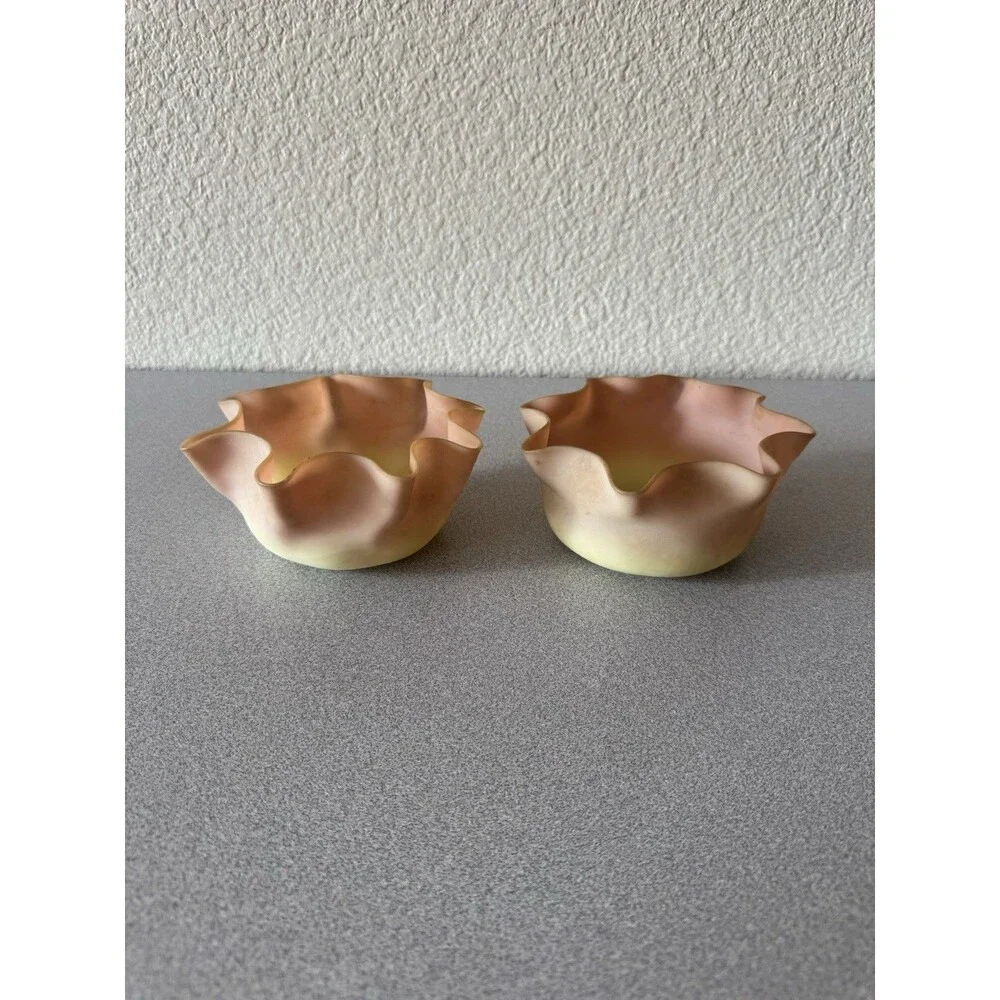 Antique Mt Washington Burmese Art Glass Pair Ruffled Bowls 1880s Victorian 6”